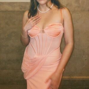 Pink corset dress with boning, underwire, and stretchy fabric